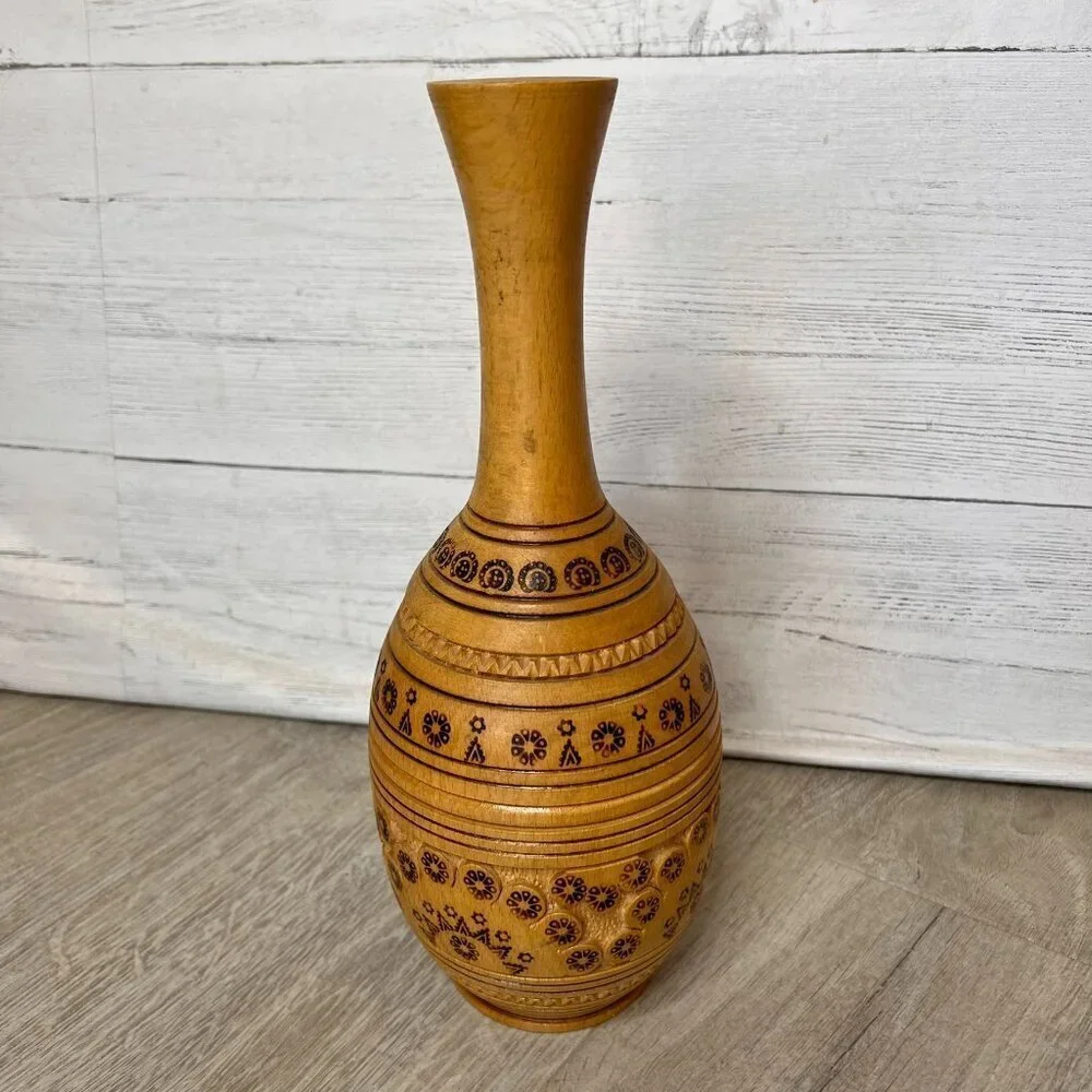 Wood Vase Whimsical Stamp Pattern Primitive Farmhouse Rustic Decor
